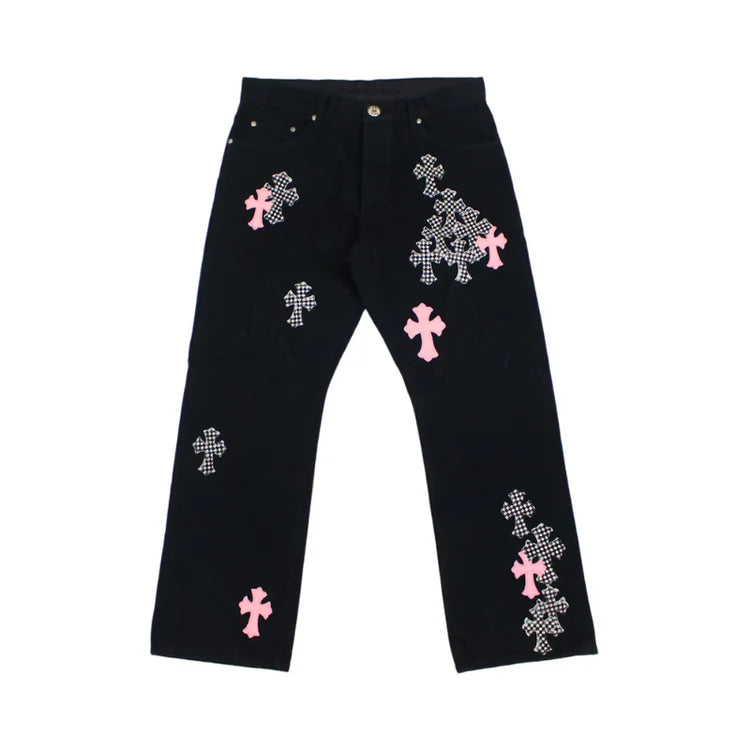 Chrome Hearts Jeans Pink & Carreau Cross Patch Fleurknee Black