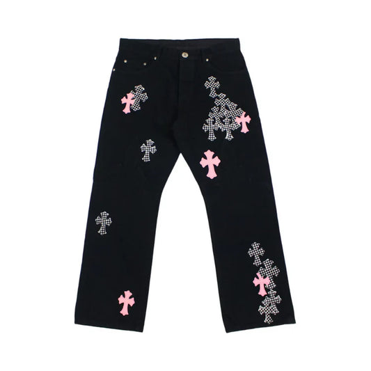 Chrome Hearts Jeans Pink & Carreau Cross Patch Fleurknee Black